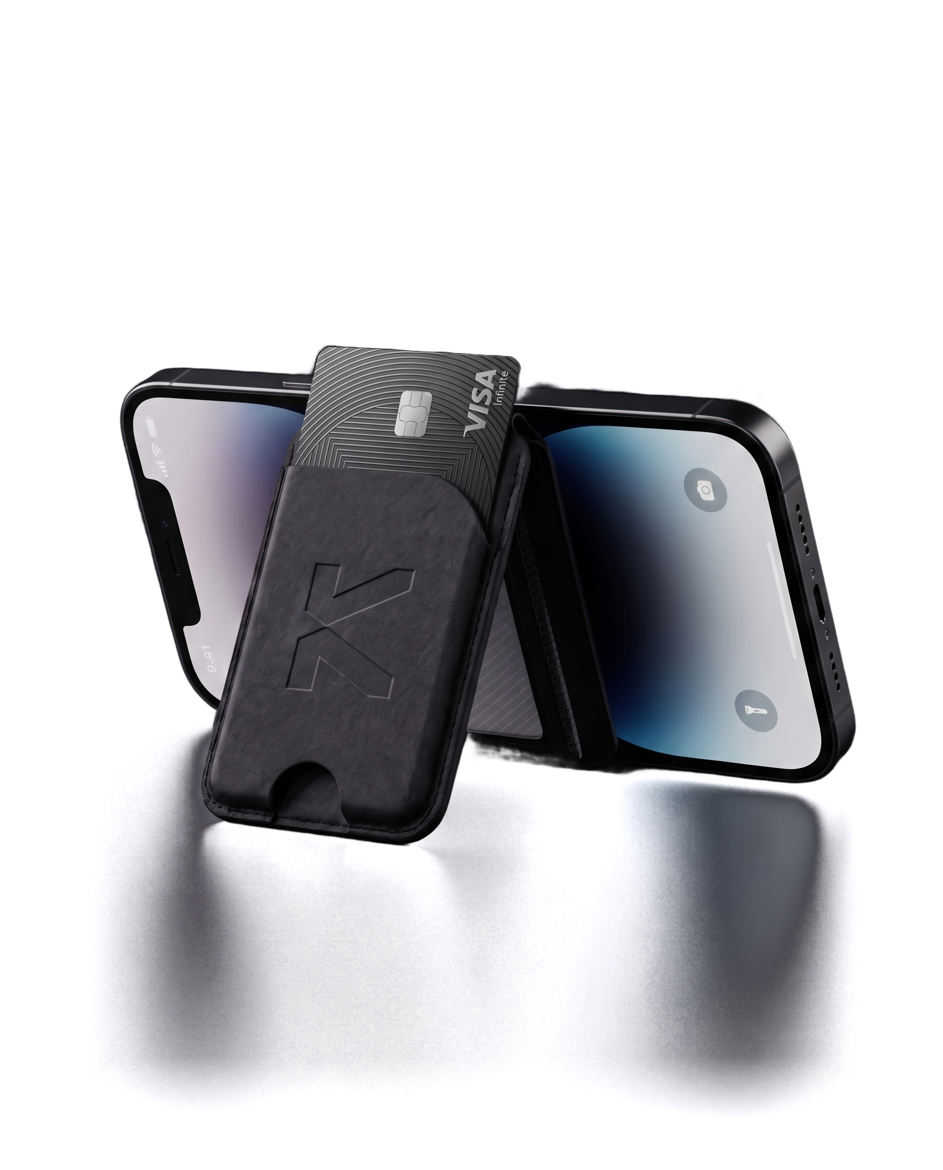 The wallet in folded stand position